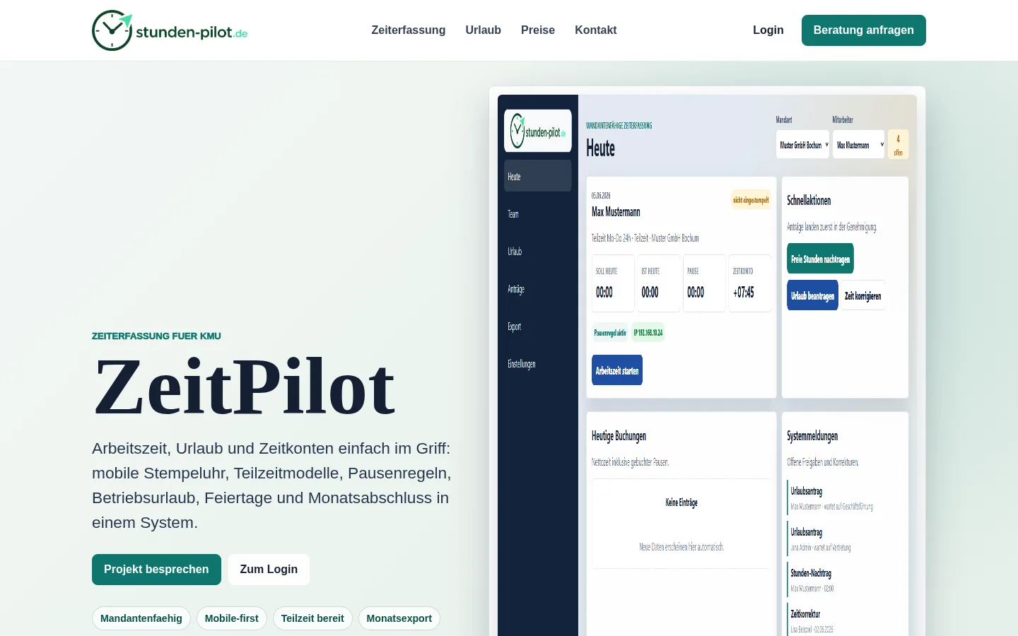 Screenshot von StundenPilot